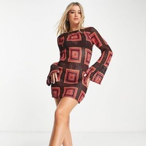 ASOS DESIGN flare sleeve crochet mini dress in black with pink and orange square